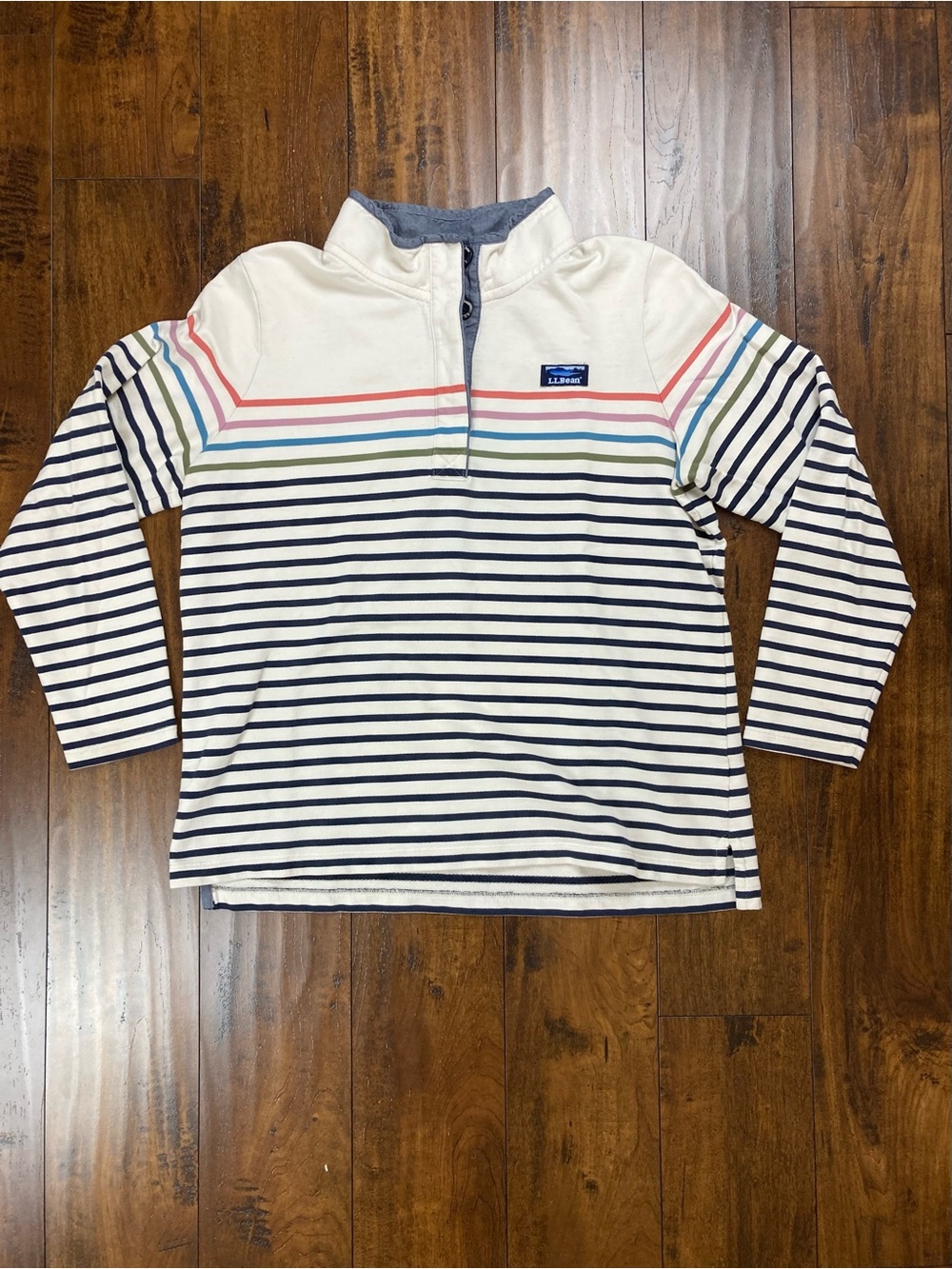 L.L. Bean White Striped 1/4 Button-Up Pullover Sweater 501241 Women's Large.